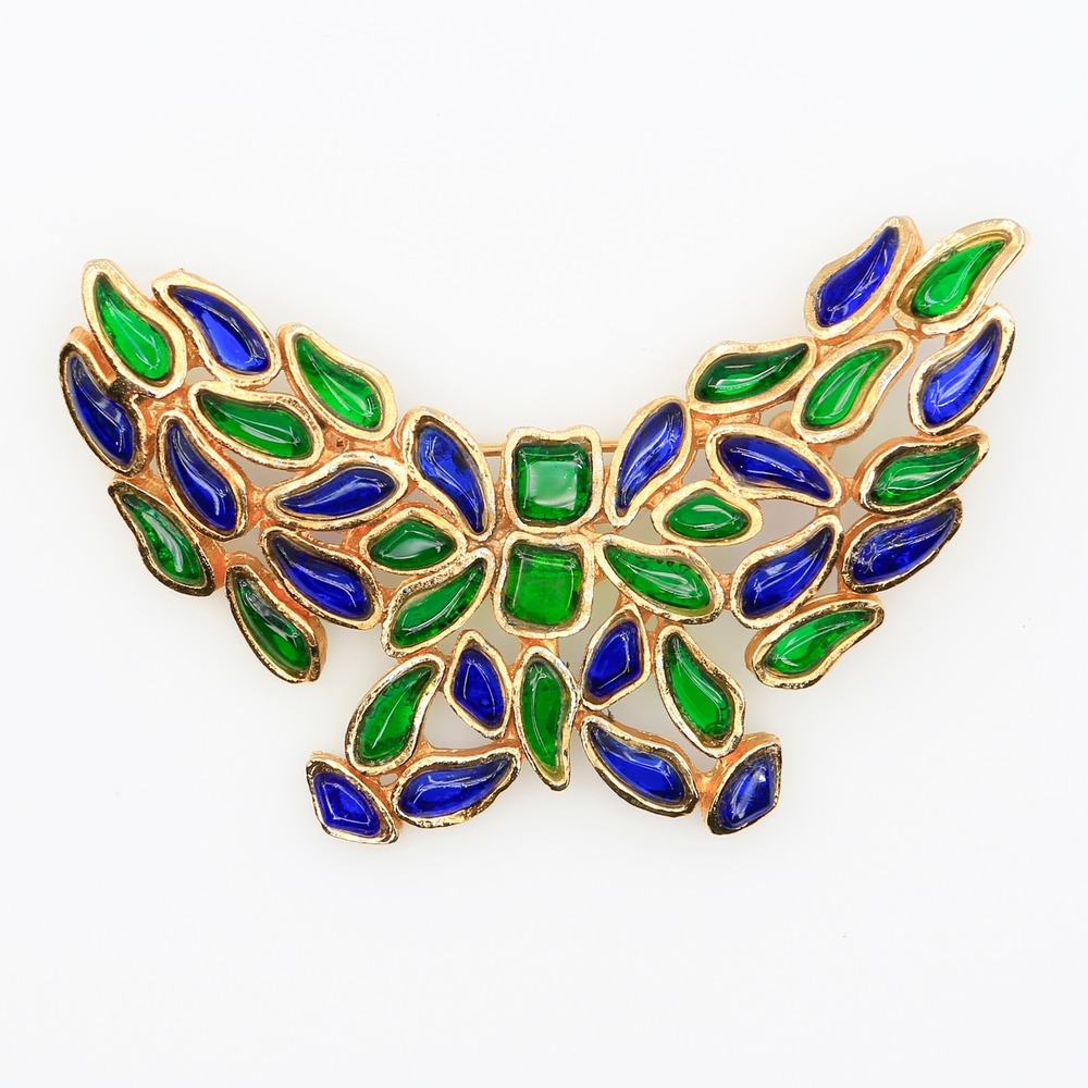 Vintage Hobe Blue Green Mosaic Plique A Jour Style Butterfly Brooch‎ 1960s